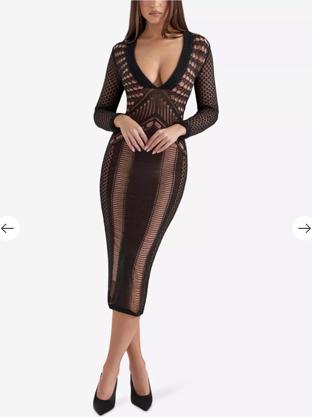Nwt - House Of Cb Loula Plunge-Neck Long-Sleeve Stretch-Knit Midi Dress